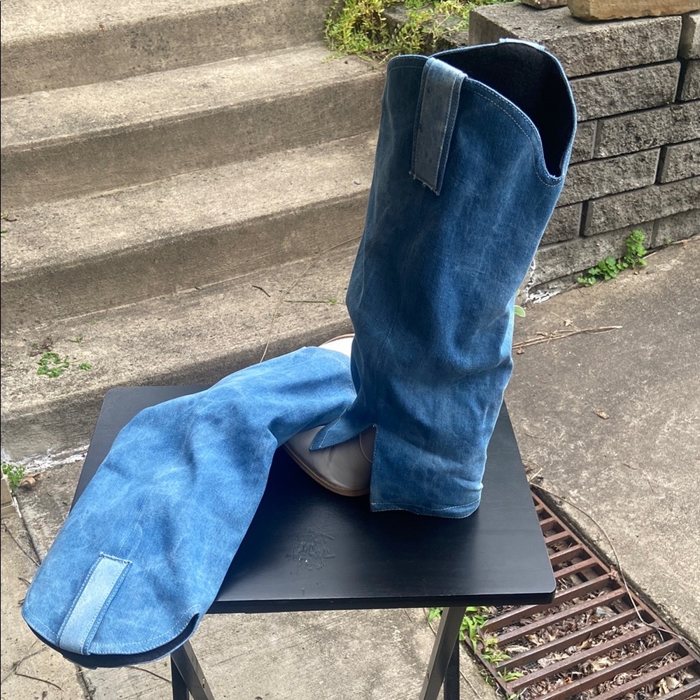 Vibrant Blue Knee-High Denim Boots